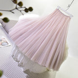 Woman Elastic High Waist Mesh Pleated Chic A-Line Long Skirt Streetwear