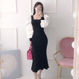 Spring Women New Elegant Square Collar Slim Knit Dresses Patchwork Puff Sleeve Korean Chic Long Sleeve Vestidos