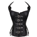 Women's Brown Black Lingerie Halterneck Corsets Bustiers Steampunk Zip Leather Corset Sexy Gothic Party Clubwear Corselet