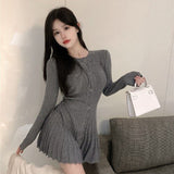 Winter Kawaii Knitted Sweater Dress Women Korean Fashion Sweet Party Mini Dress Female Sexy Solid Pleated Designer Dress 2021