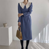 Female Elegant Office Lady Peter Pan Collar Dresses Autumn Women Long Sleeve Sheath Straight Vestidos