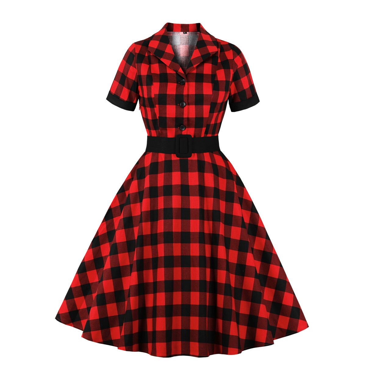 1950s Plaid Print Vintage Cotton Short Sleeve Button Tunic Robe Pin Up Swing Retro Casual Dress