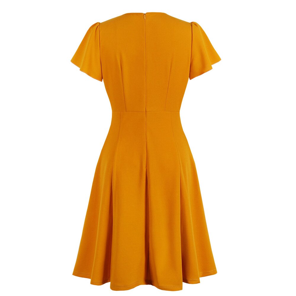 Orange Bowknot High Waist Short Sleeve Swing Casual Party Office Ladies Dresses