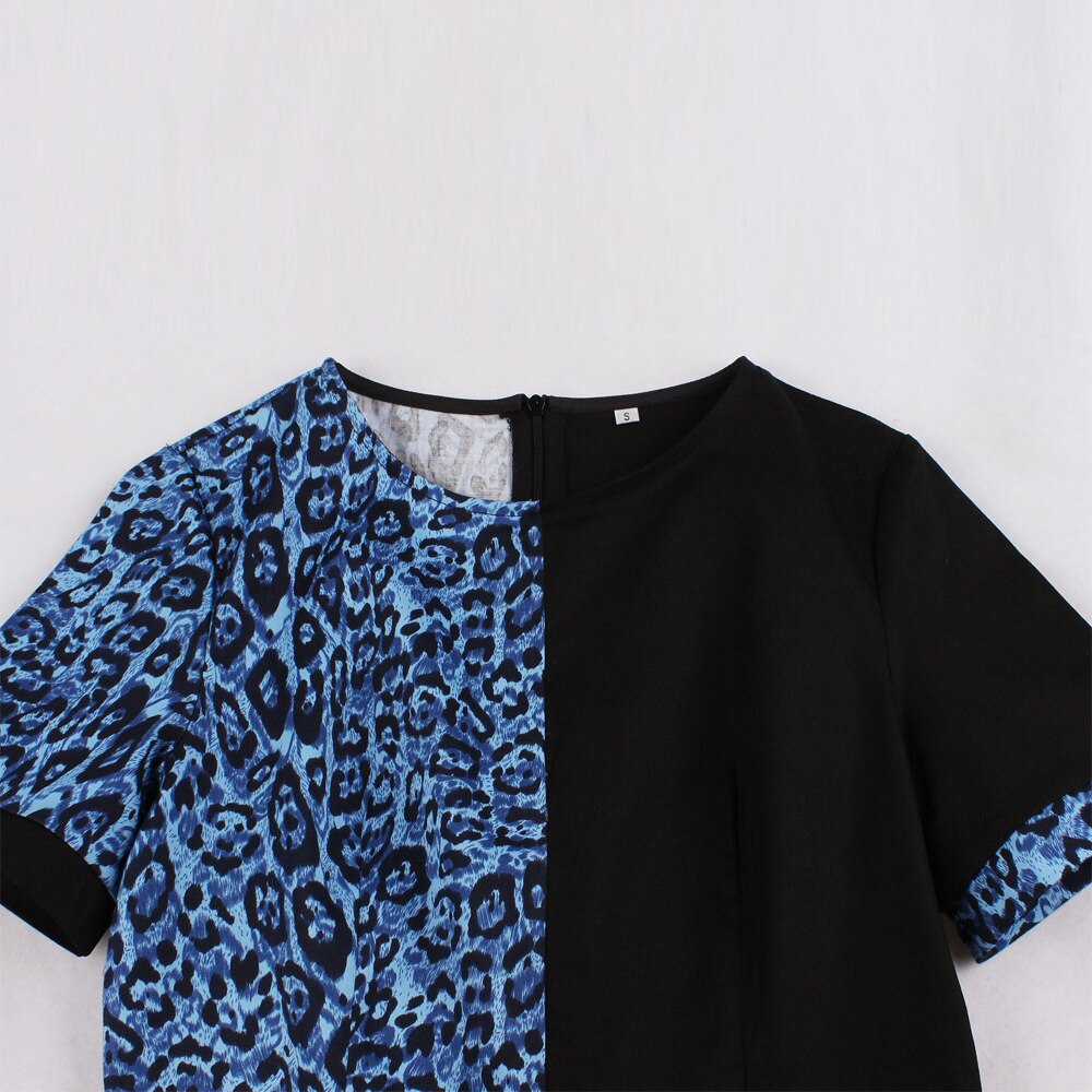 Women Short Sleeve Black Blue Leopard Print Patchwork Robe Pin Up Swing Retro Vintage Dress