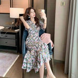 Women New Summer Print Floral V-Neck Short Sleeves Chiffon Beach Midi Female Dress