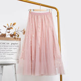 Spring High Waist Floral Print Mesh Women A-Line Pleated Skirts Solid Outwear