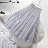 Woman Elastic High Waist Mesh Pleated Chic A-Line Long Skirt Streetwear