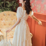 Vintage Elegant Dress Women French Retro Kawaii  Lace Up Sweet Dress Female Puff Sleeve Casual  Fit Chic Party Dress Summer 2021