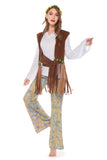 Adult Women Funny Vintage Hippie Tassel Floral Printed Costume Hippy Brown Clothes Outfit For Ladies