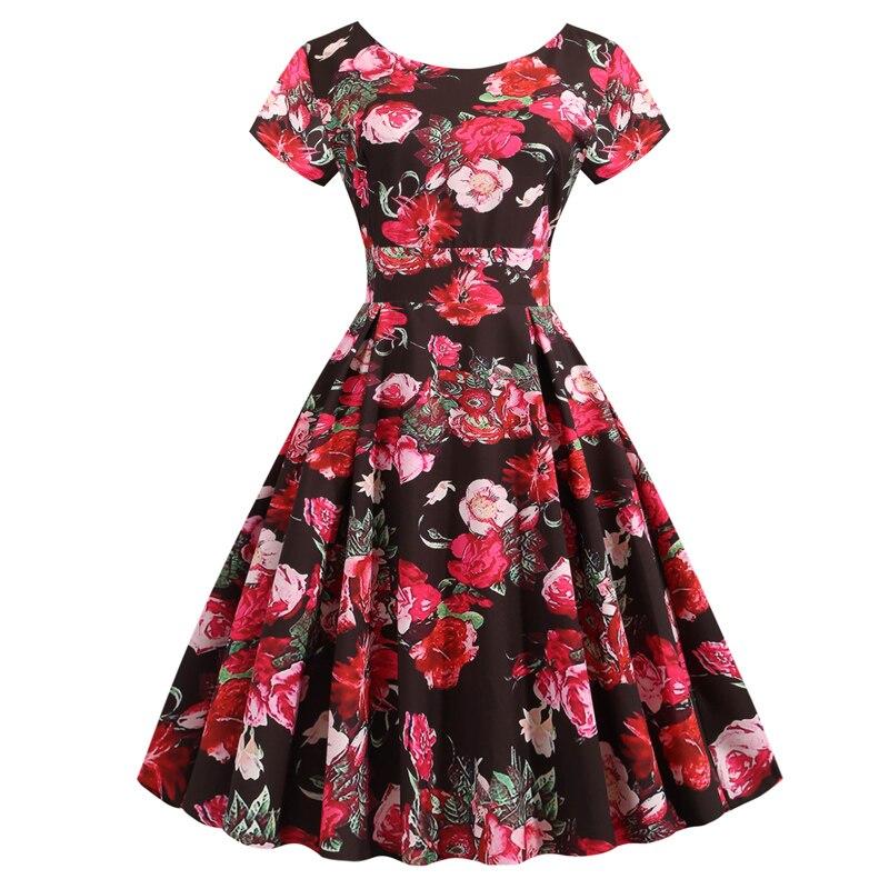 Floral Print 50S 60S Vintage Swing Pin Up Elegant Summer Casual High Waist Pleated Midi Dress
