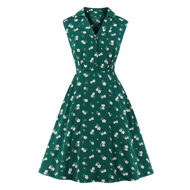Notched Collar Button Up Floral Green Elegant Summer Shirt Sleeveless Casual High Waist Vintage Dress