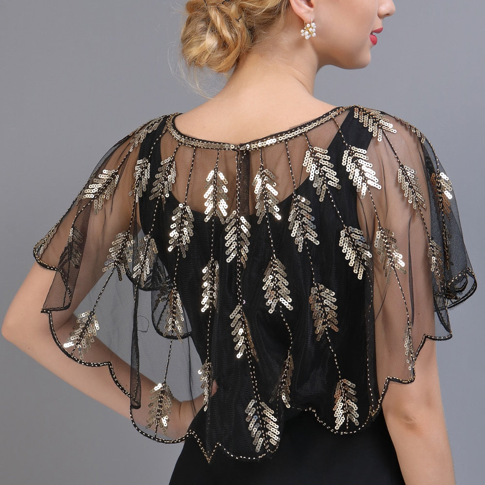 Retro 1920s Beaded Sequin Shawl Vintage Flapper Evening Cape Sheer Mesh Embroidery Leaf  Women Bolero Party Accessories