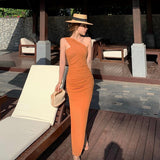 2021 Fashion Summer Vacation Dress Long Party Dress Women Elegant Beach Sexy Strapless Folds High Split Bodycon Dress