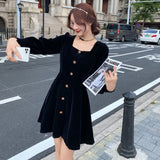 Women Vintage Velvet Puff Sleeve Single Breasted Buttons Dress Elegant Square Neck Harajuku Fashion Female Vestido