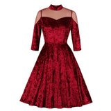 Elegant Women Velvet Vintage Sleeve Mesh Stand Collar Robe Pinup Swing Burgundy Formal Party Dress