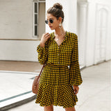 Ladies Vintage Long Sleeve Shirt Boho Beach Casual Plaid Print A-line Midi Dress