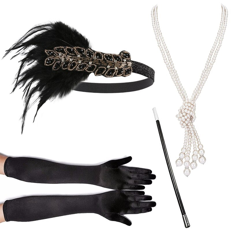4 Pcs/Set 1920s Great Gatsby Party Costume Accessories Set Flapper Feather Headband Pearl Necklace Gloves Cigarette Holder