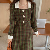 Women 2021 Autumn French Elegant Square Neck Lace Chic Single-Breasted Puff Sleeve A-Line Plaid Vestidos