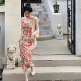 Vintage Elegant Red Floral Strap Dress Women French Sexy Style Ladies Party Midi Dress Holiday Slim Beach Summer Dress 2021 New