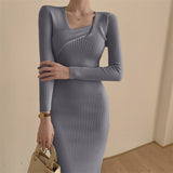 Chic Knitted Dress Women Long Sleeve Sweater Midi Party Dress Female Office Lady Autumn 2021 Slim Solid Bodycon Vestdios