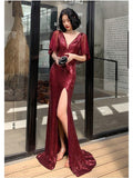 Red Sexy Long Evening Dress Shining Sequins Chiffon Party Gown V-neck Robe Side Fork Prom Dress
