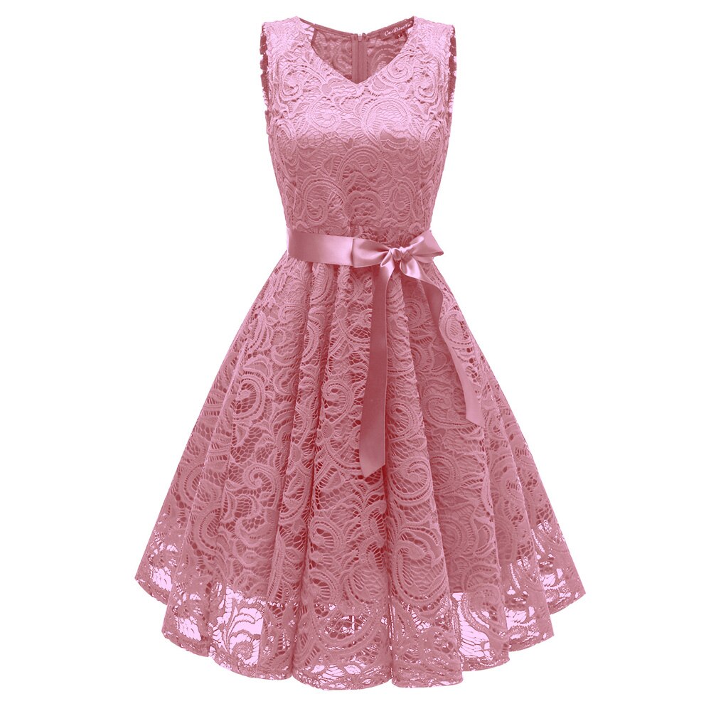 1950s Pink Lace V Neck Sleeveless Swing Jurken Elegant Evening Party Formal Dinner Dress
