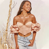 Satin Ruffle Sleeve Sweetheart Neckline Off Shoulder Crop Top Chic Underwired Cups Solid Women Street Wear