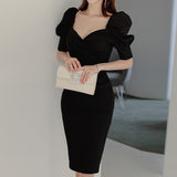 Elegant Party Women Dress Slim V-Neck Knee-Length Pencil Korean Style Dress 2021 Summer Office Lady Puff Sleeve Vestdios