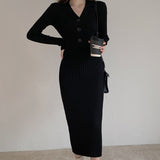 Elegant V-Neck Single-Breasted Women Solid Sweater Dress OL Style Long Sleeve Knitted Slim Midi Dress