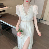 Women Summer Lace Vintage Dresses Chic Short Puff Sleeve Elegant V-Neck Slim Party Midi Spilted Dress