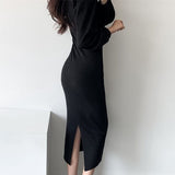 Autumn Elegant Ladies Office Puff Sleeve Dress Women Fashion Slit Solid Slim Midi Dress Vestidos