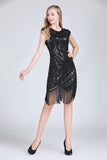 1920s Vintage Flapper Party Art Deco Great Gatsby Dress Shiny O-Neck Cap Sleeve Sequin Bead Fringe Embellished Dress