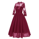 1950s Formal Long Sleeve Mesh Hollow Out Swing Elegant Evening Party Chiffon Embroidered Dress