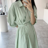 2021 Spring Autumn Elegant Women Midi Shirt Dress With Belt Long Sleeve Casual Loose Office Lady Work Clothes Vestidos