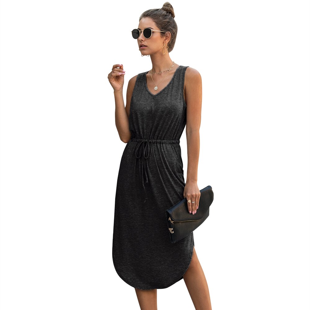 Summer Women Solid Sleeveless Casual Loose Tank A-line Sundress Knee-length Midi Dress