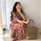 Summer Korean Retro Floral Print Dress for Women Elegant Fit Chic Hepburn Long Dress Female Pretty Party Casual Dress 2021 New