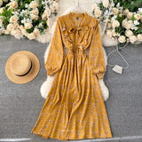 Women Casual Autumn Lady  Vintage Floral Printed Chiffon Shirt Dress Long Sleeve Bow Midi Spring Summer  Vestido