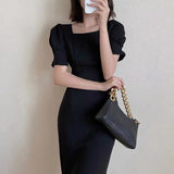 Summer Women Elegant Midi Slim Solid Black Dress Office Lady Fashion Bodycon Puff Sleeve Dress