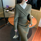Elegant V-Neck Bodycon Knitted Dress Women Autumn Winter Full Sleeve Slim Waist Female Sweaters Vestidos
