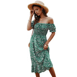 Women Summer Slash Neck Off Shouder Ruffles A-line High Waist Ladies Boho Slim Beach Dress Sundress