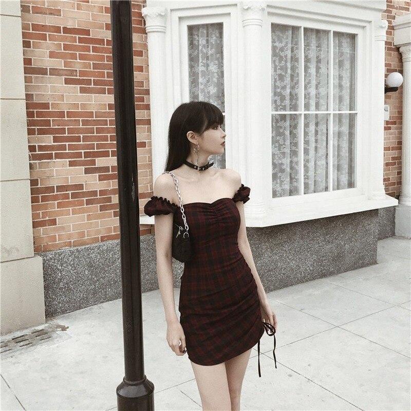 Gothic Girls Sexy Vintage Dress Red Balck Pleated Plaid Women Mini Short Dresses Spring Summer Preppy style Punk Clothing