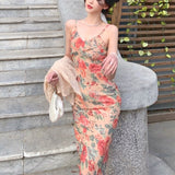 Vintage Elegant Red Floral Strap Dress Women French Sexy Style Ladies Party Midi Dress Holiday Slim Beach Summer Dress 2021 New