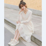 Lace Elegant Dress Women Long Sleeve Casual Fairy Dress Sweet V-Neck Belt Female Korean Style Clothing Autumn Office Lady