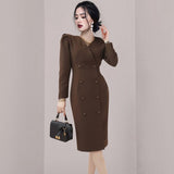 Elegant V-Neck Women Knee-Length Dress Double-Breasted Puff Sleeve High Waist Dress Female 2021 Spring