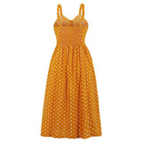 Yellow Polka Dot Spaghetti Strap V Neck Button Up Cotton Party Casual Dresses With Pockets