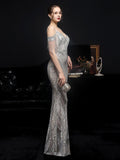 Sliver Sequin Dress Sexy V Neck Beading Evening Dress Women Party Strap Maxi Dress