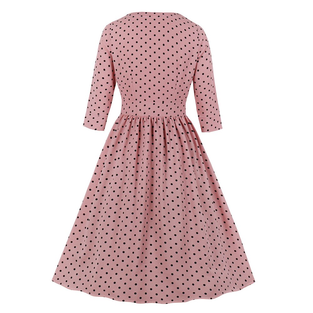 Pink Black Polka Dot 3/4 Sleeve V Neck Robe Pin Up High Waist Button Up Party Casual Dress