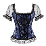 Burlesque Corsets and Irregular Skirt Set Gothic Floral Lace Up Bustier Corset Dresses Cosplay Costume Plus Size Black Blue