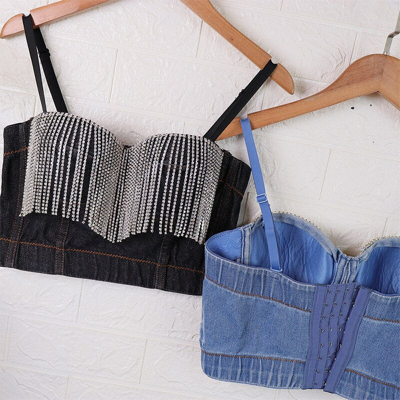 Crop Top To Wear Out Tassel Rhinestones Sexy Top Denim Cropped Slim Party Corset Camis With Built In Bra