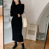 Spring Women Elegant Midi Slim Solid Black Pleated Dress Office Lady Fashion Bodycon Long Sleeve Dress